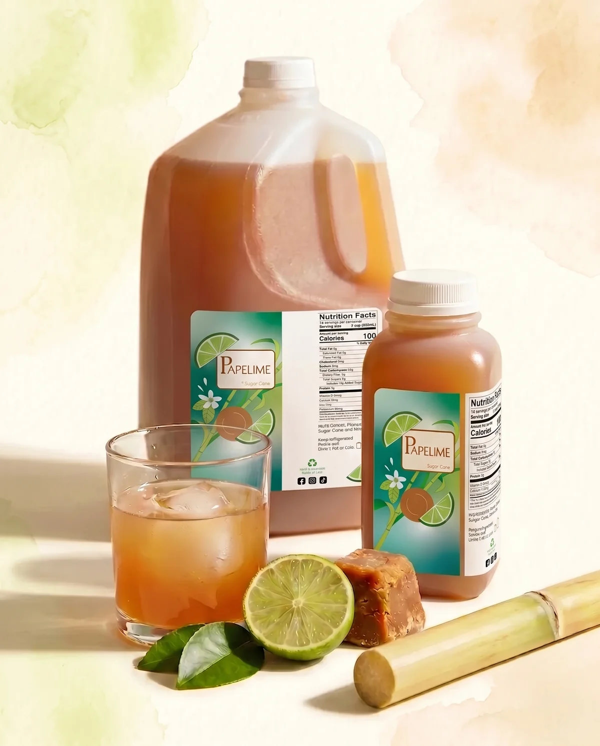 PAPELIME — 1 gallon jug, 12 oz bottle, glass with ice, lime and sugar cane